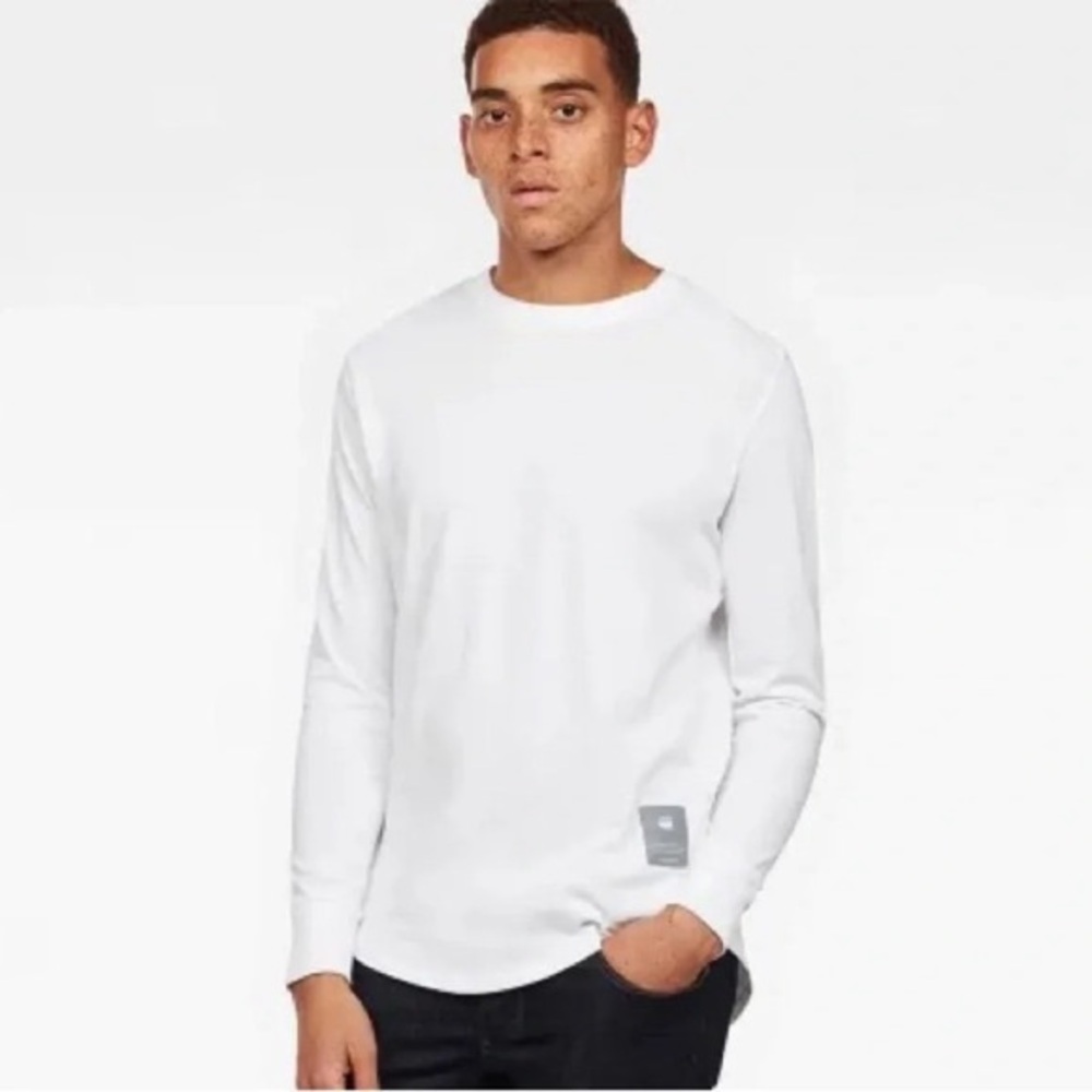 G STAR RAW Mens White Long Sleeve Shirt Rounded Hem S